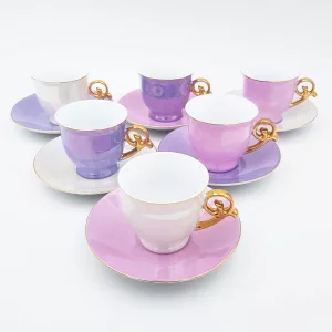 6 pastel iridescent coffee cups Genevieve Lethu Ombline pink purple gilt handle France vintage