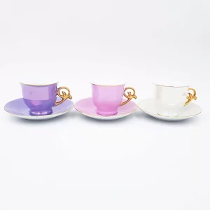 6 pastel iridescent coffee cups Genevieve Lethu Ombline pink purple gilt handle France vintage