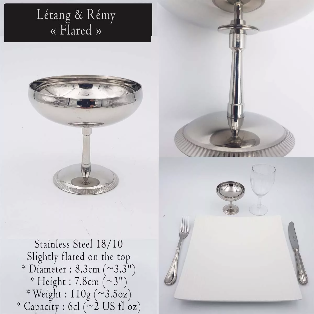 6 vintage Dessert bowls Ice cream cups Small champagne cups 1970 1980 stainless steel 6cl Letang Remy Flared Bright