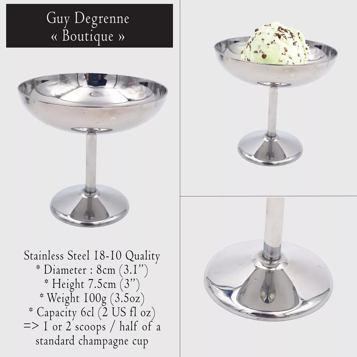 6x2oz vintage Dessert bowls Ice cream cups Champagne cups 1970 1980 stainless steel Guy Degrenne Boutique Bright 6cl