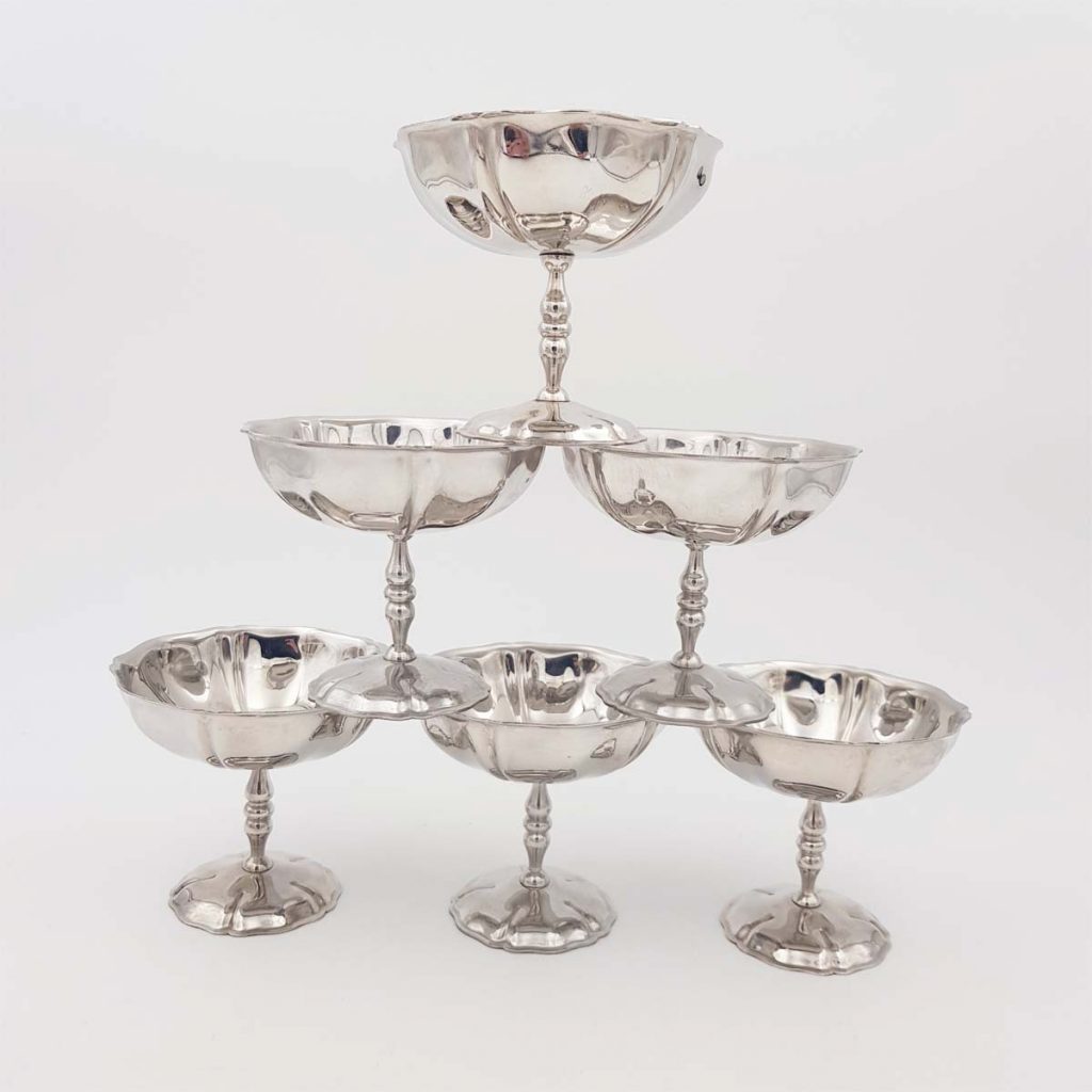 6x2oz vintage Dessert bowls Ice cream cups Champagne cups 1970 1980 stainless steel Jean Couzon Flora 6cl