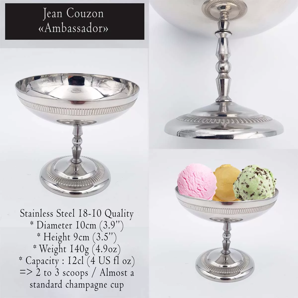 6x4oz vintage Dessert bowls Ice cream cups Champagne cups 1970 1980 stainless steel Jean Couzon Ambassador 12cl