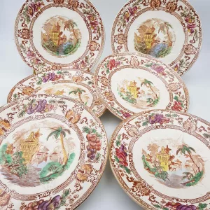 Antique 19th century dessert plates earthenware Longwy cyprus asian landscape