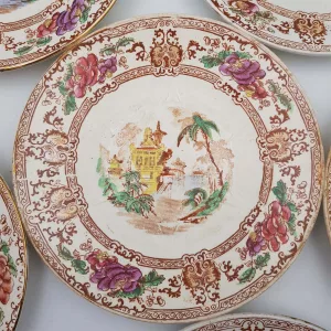 Antique 19th century dessert plates earthenware Longwy cyprus asian landscape