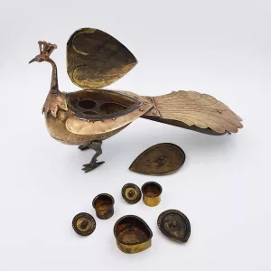 Antique big brass inkwell shape of a peacock 1950
