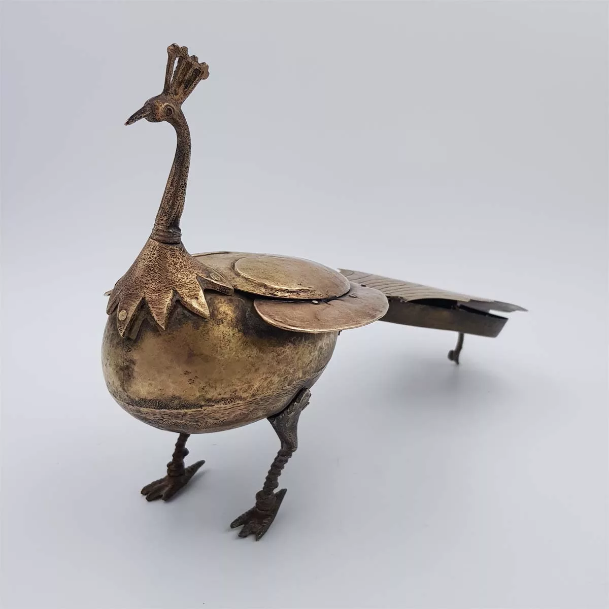 Antique big brass inkwell shape of a peacock 1950