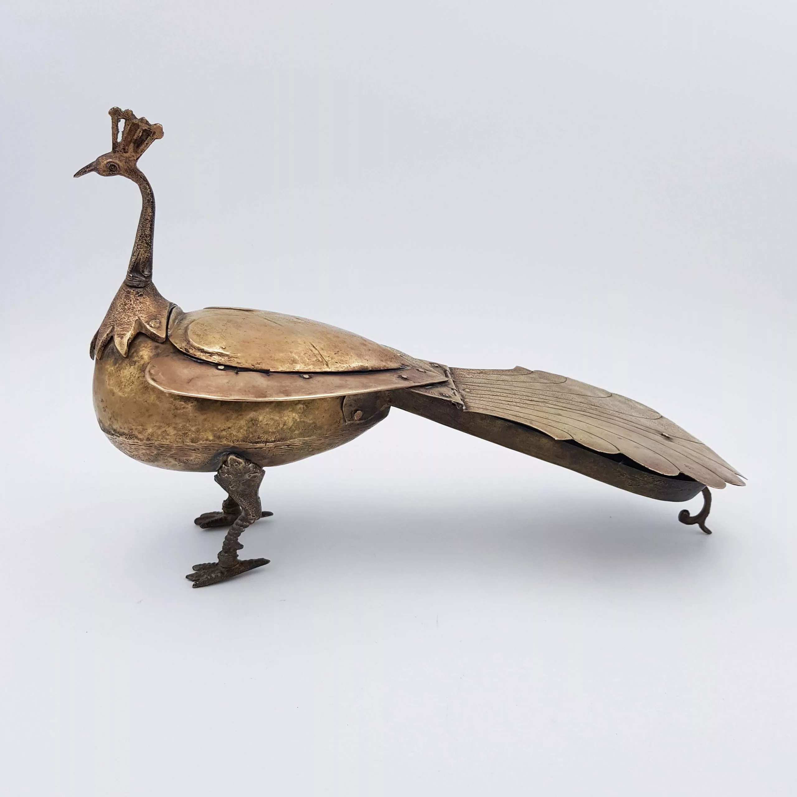 Antique big brass inkwell shape of a peacock 1950