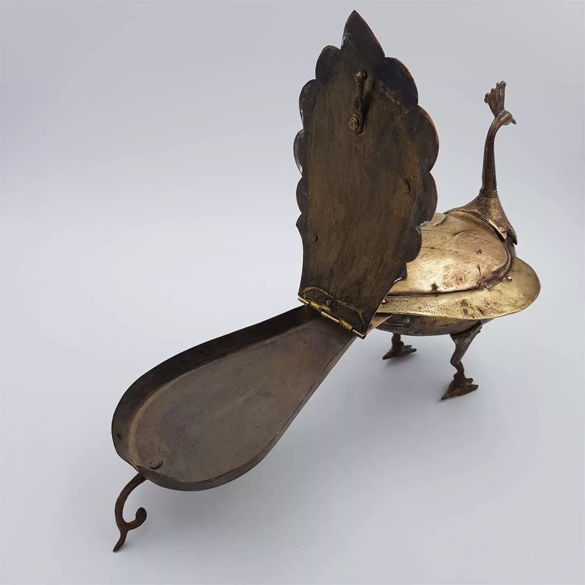 Antique big brass inkwell shape of a peacock 1950