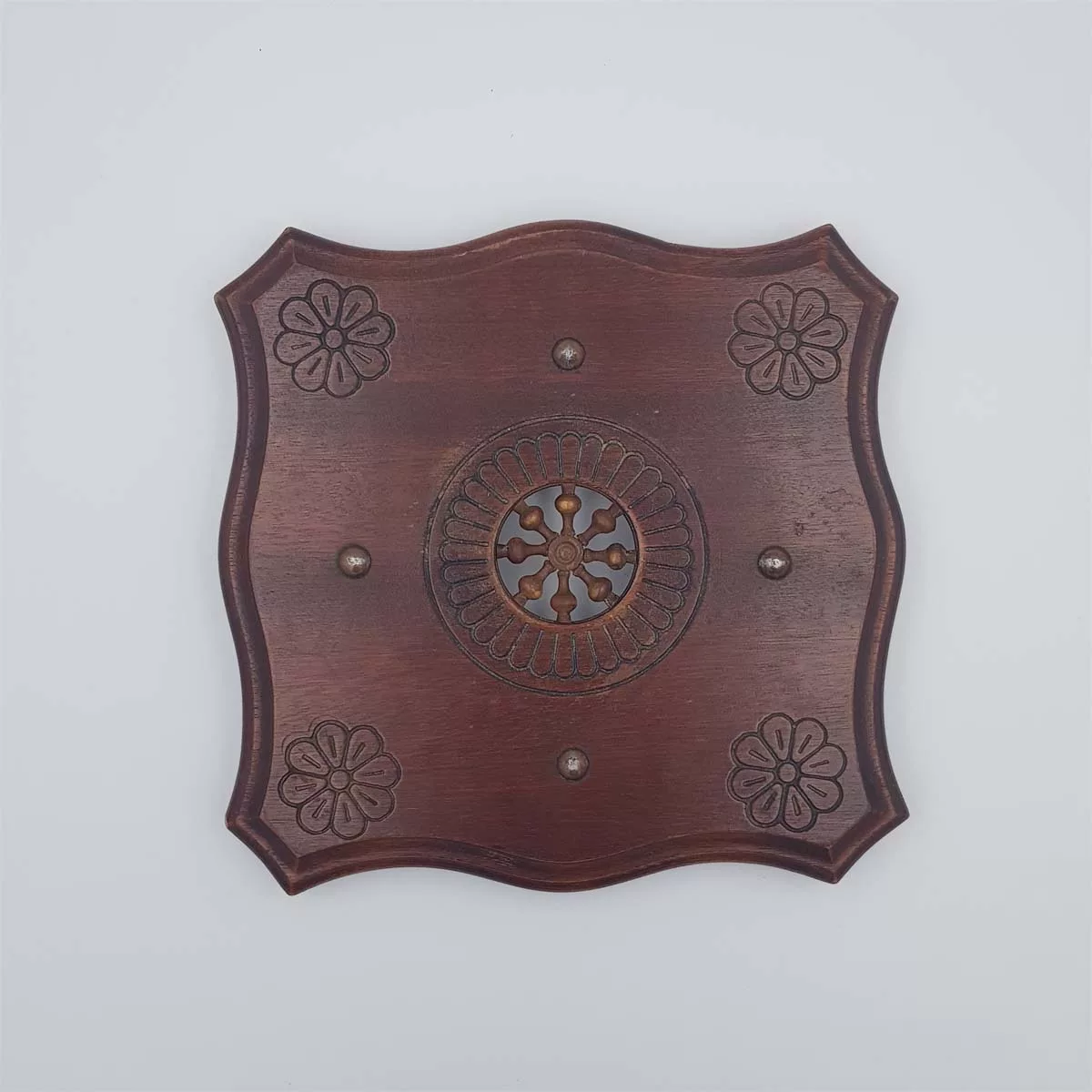 Antique trivet wooden engraved central rosette medallion