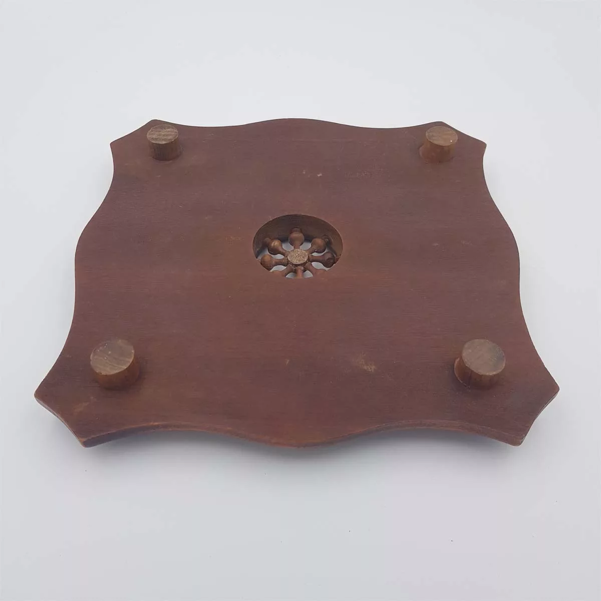 Antique trivet wooden engraved central rosette medallion