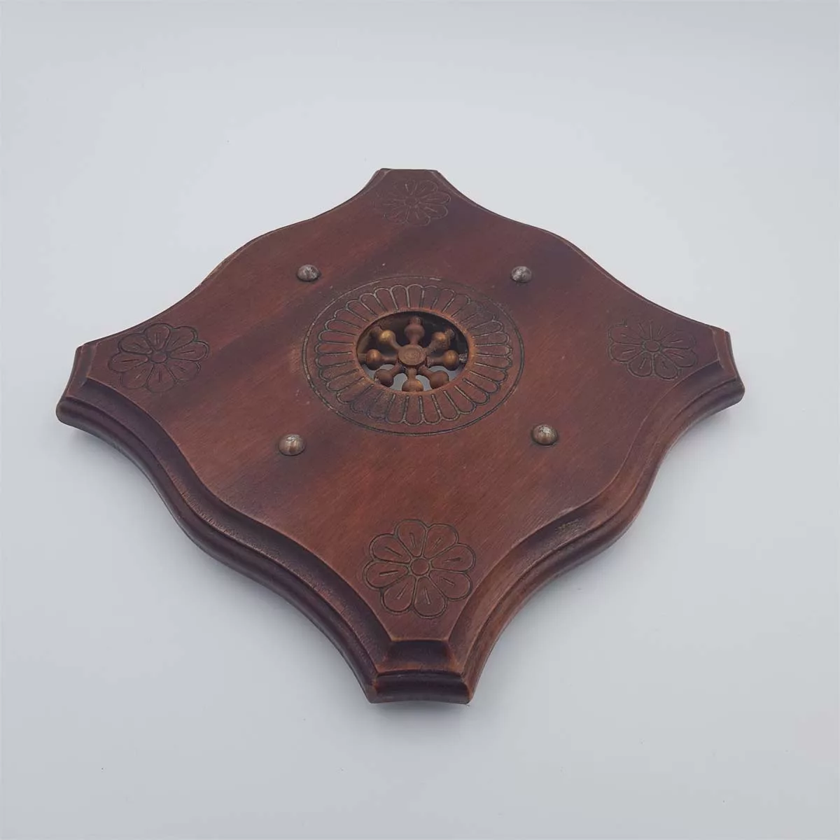 Antique trivet wooden engraved central rosette medallion