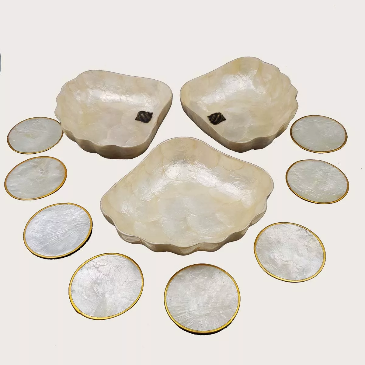 Aperitive serving set bowls and coasters mother of pearl vintage France