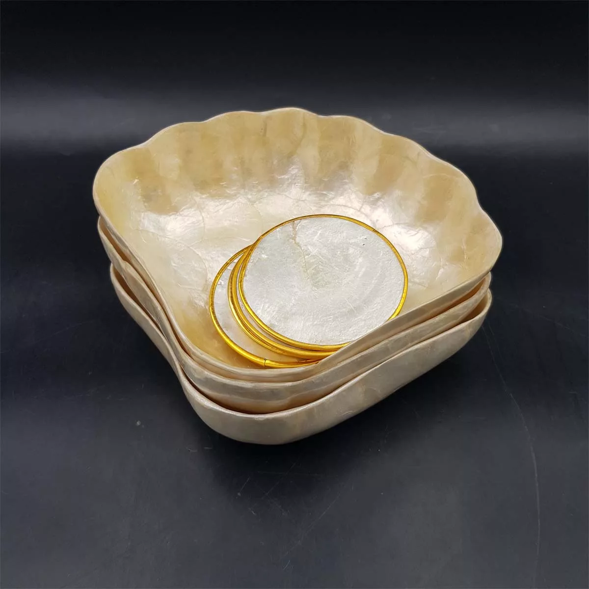 Aperitive serving set bowls and coasters mother of pearl vintage France