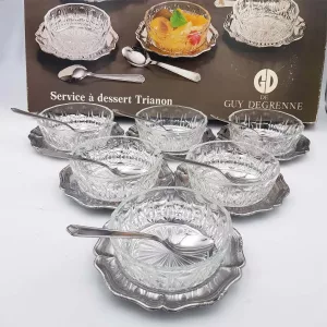 Dessert set 6p Bowls Charger Plates Spoons Cut glas Stainless steel Guy Degrenne vintage 1970 1980 France