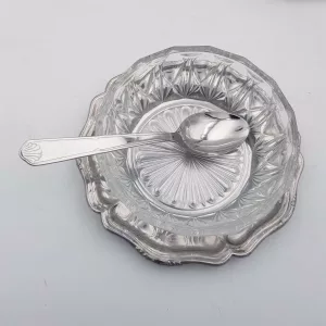 Dessert set 6p Bowls Charger Plates Spoons Cut glas Stainless steel Guy Degrenne vintage 1970 1980 France