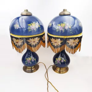 Pair of antique table lamps blue glass dome