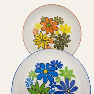 Pair of vintage round serving platters 1970s flowers orange & blue