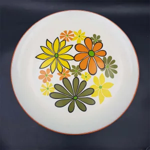 Pair of vintage round serving platters 1970s flowers orange & blue