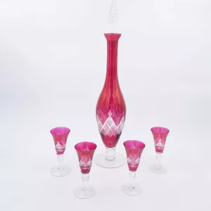 Pink cut glass decanter and 4 shot glasses vintage France