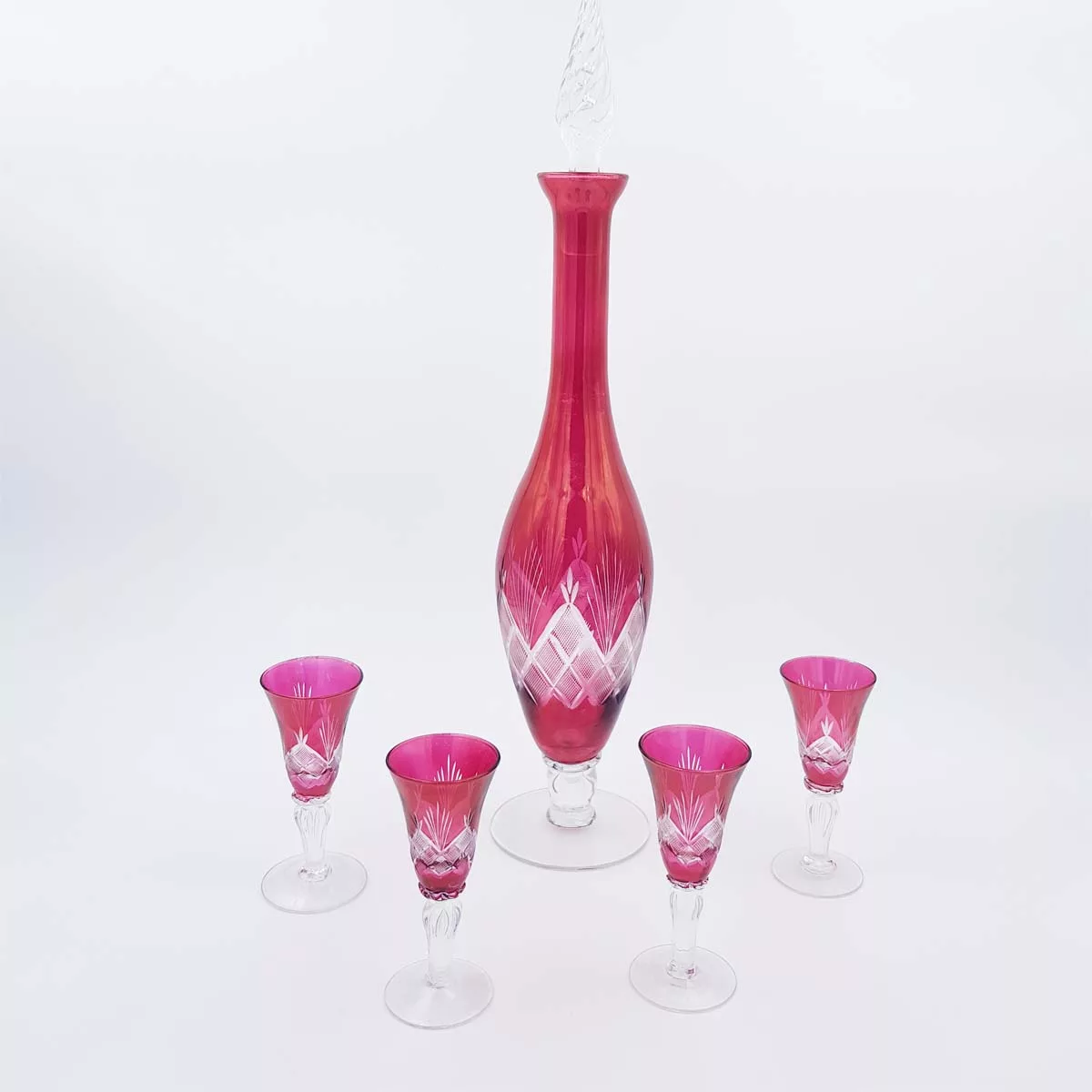 Pink cut glass decanter and 4 shot glasses vintage France