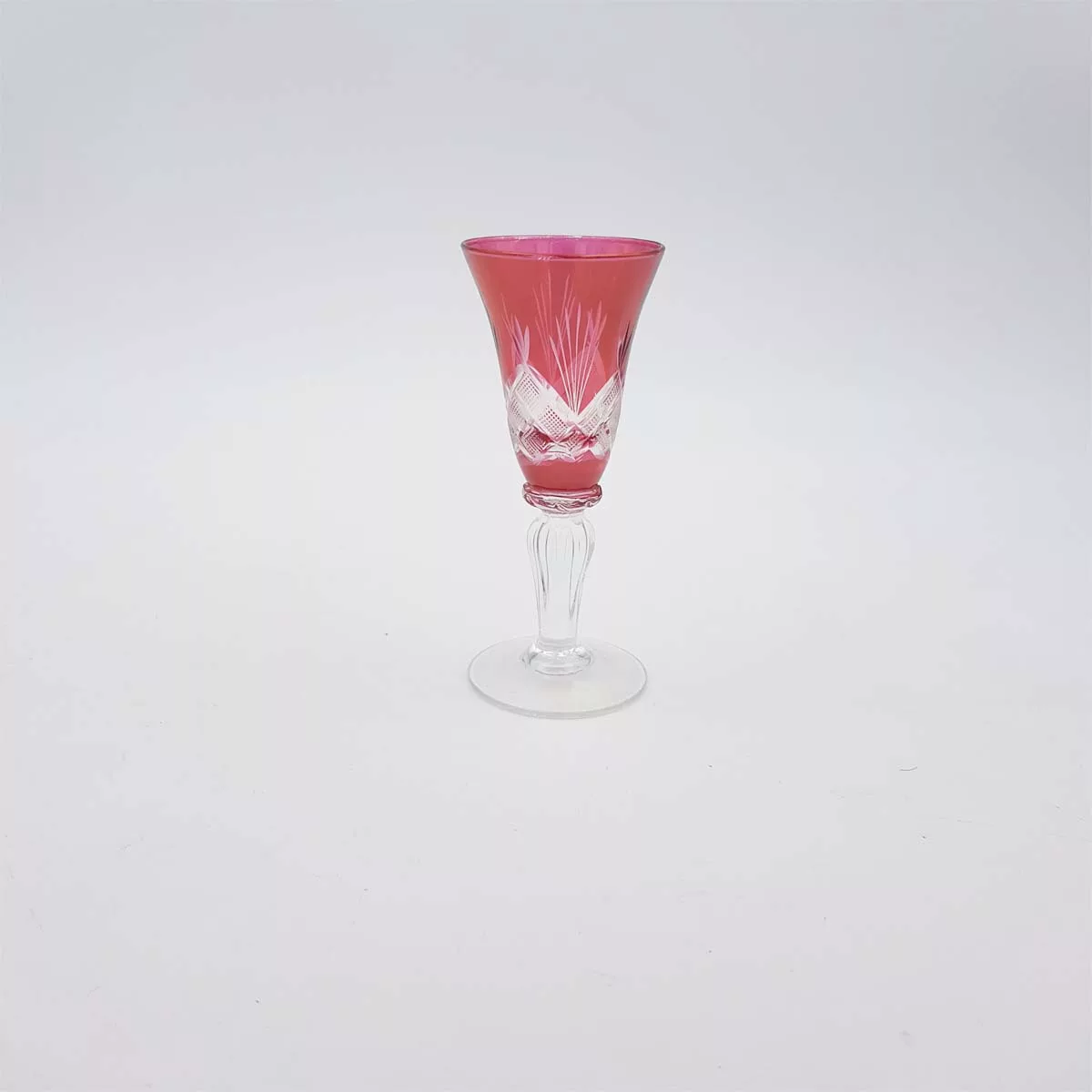 Pink cut glass decanter and 4 shot glasses vintage France