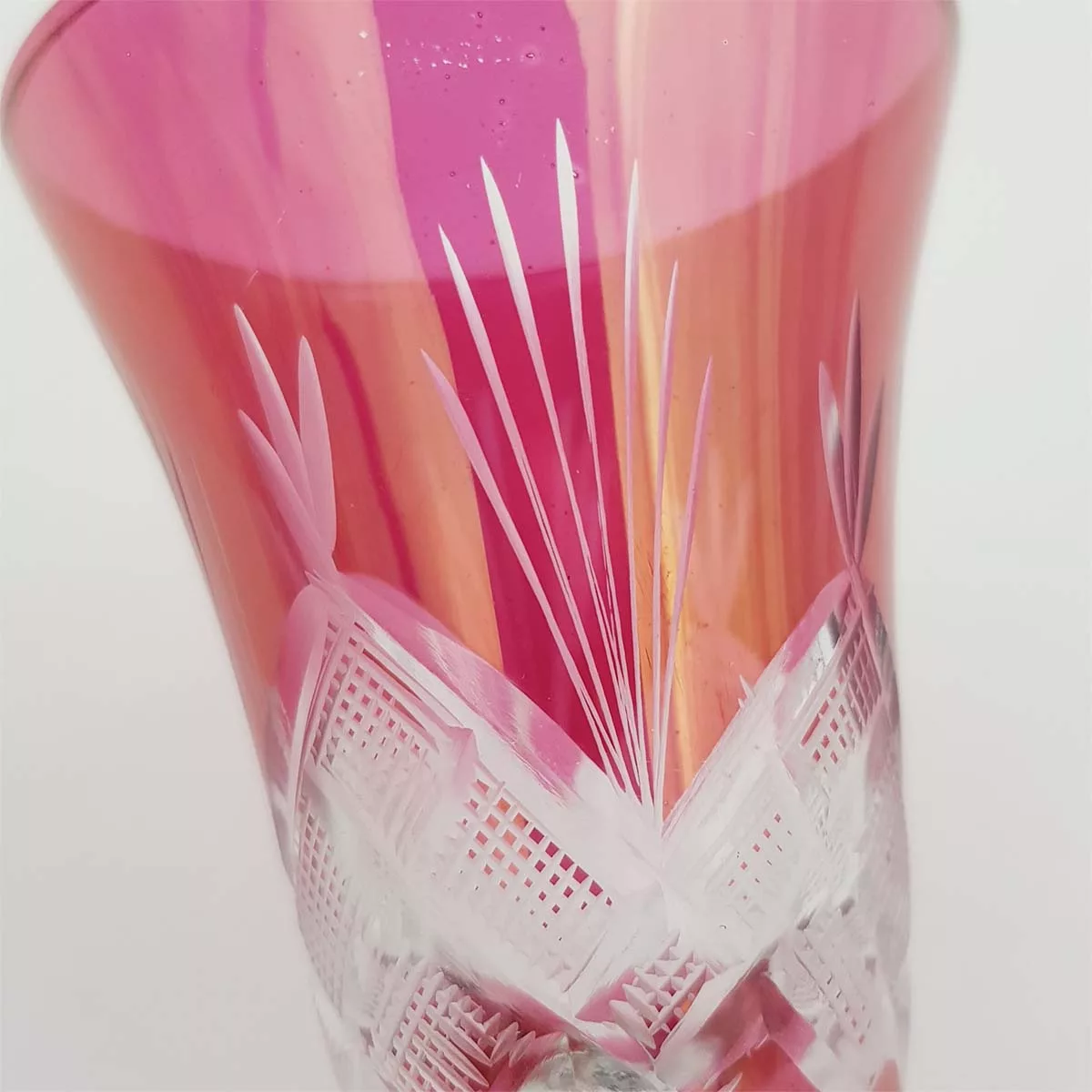 Pink cut glass decanter and 4 shot glasses vintage France