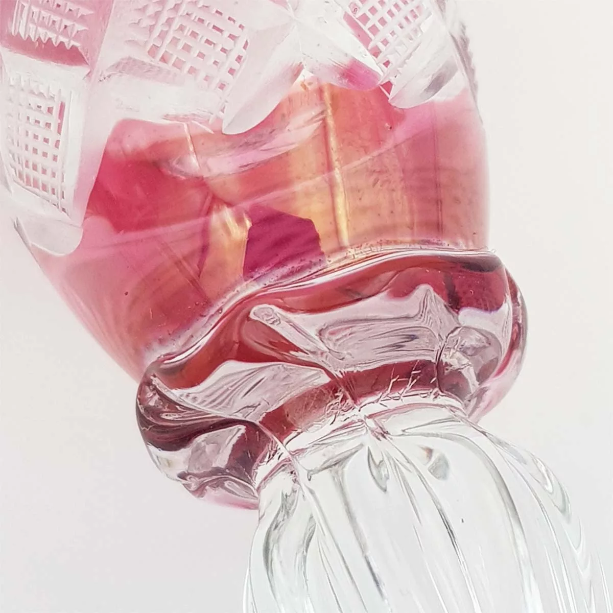 Pink cut glass decanter and 4 shot glasses vintage France