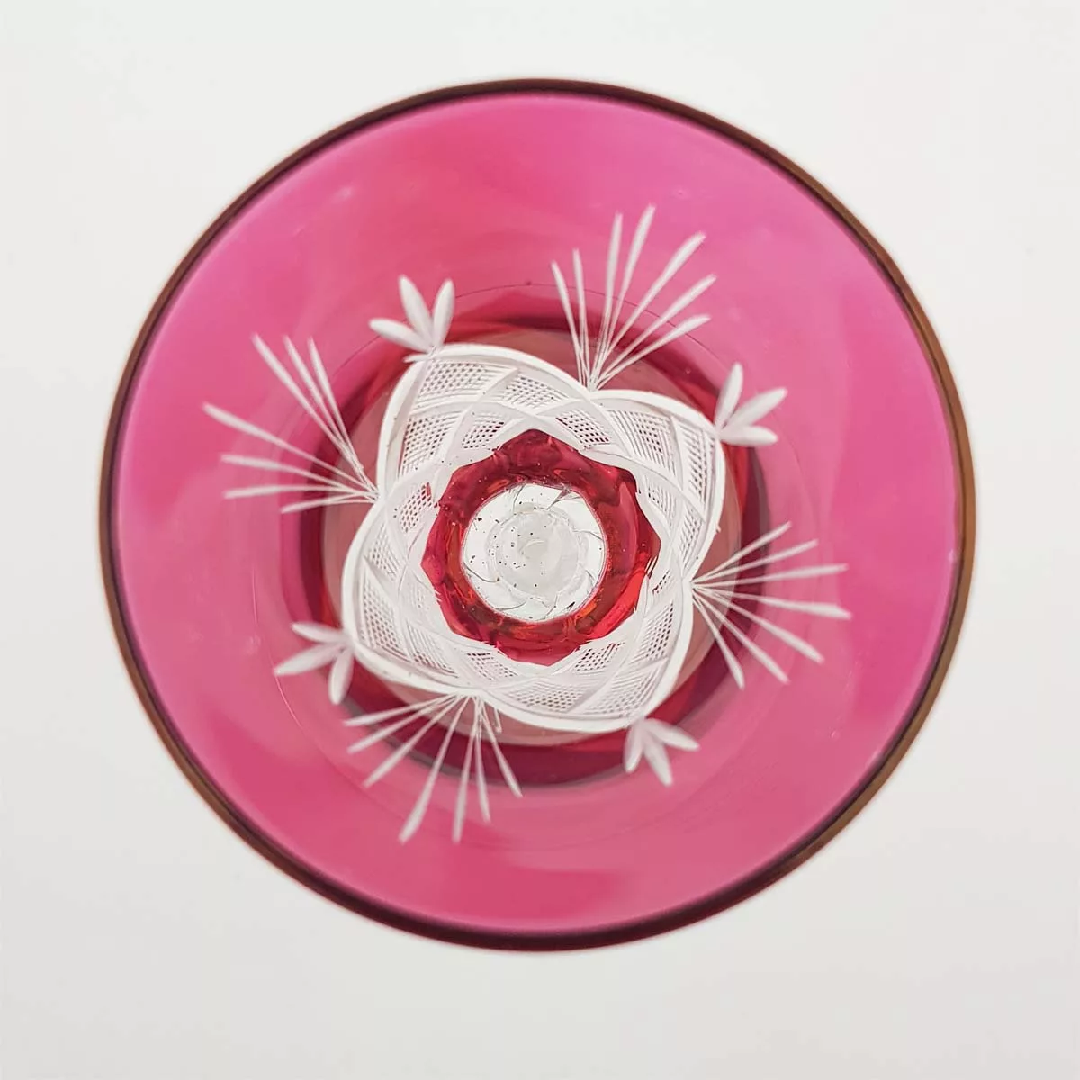 Pink cut glass decanter and 4 shot glasses vintage France