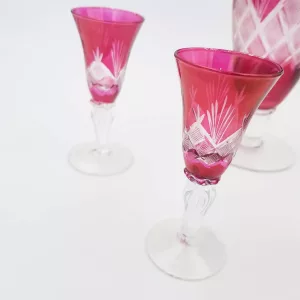 Pink cut glass decanter and 4 shot glasses vintage France