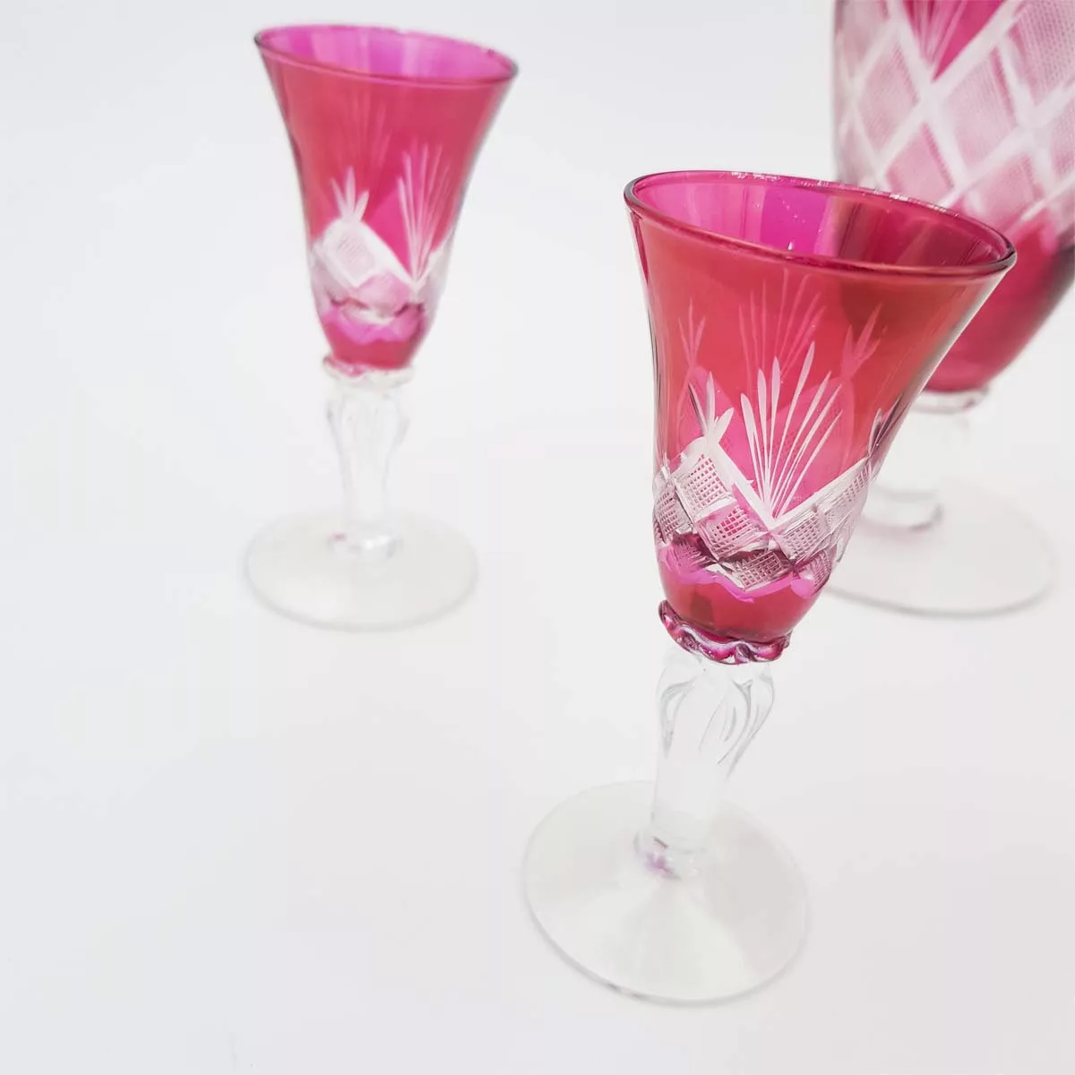 Pink cut glass decanter and 4 shot glasses vintage France