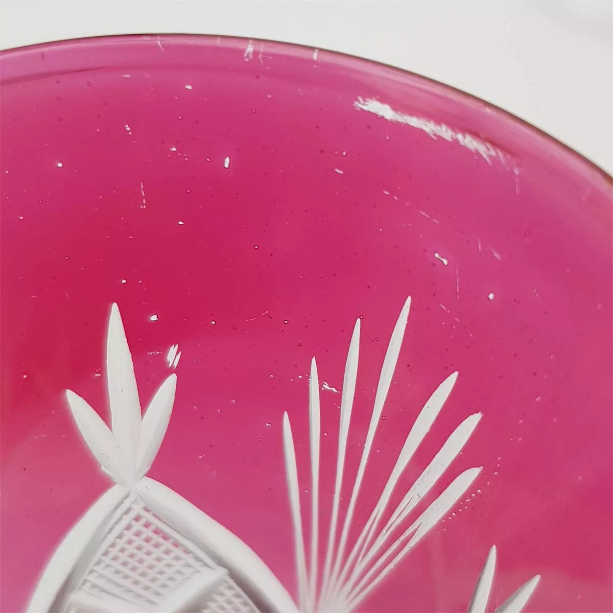 Pink cut glass decanter and 4 shot glasses vintage France