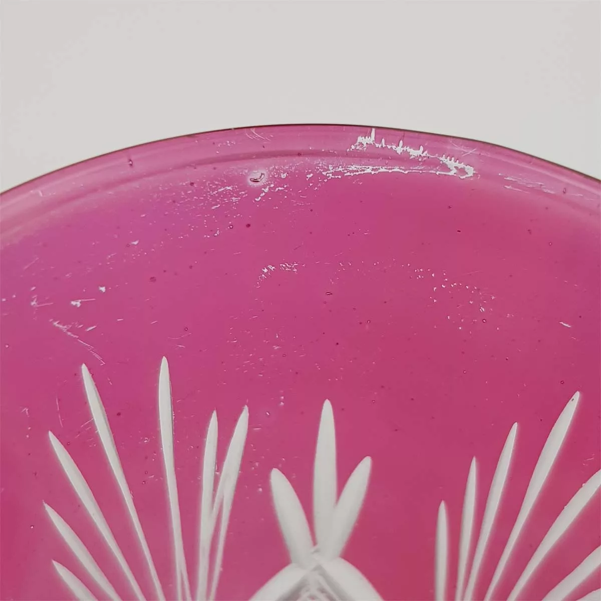 Pink cut glass decanter and 4 shot glasses vintage France