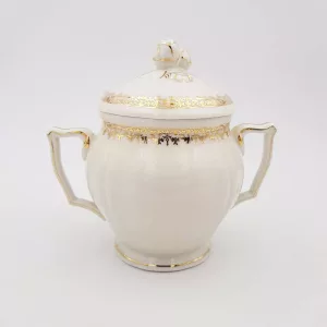 Sugar bowl Limoges Raynaud gilt borders white fine porcelain France vintage