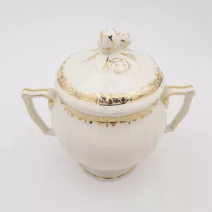 Sugar bowl Limoges Raynaud gilt borders white fine porcelain France vintage