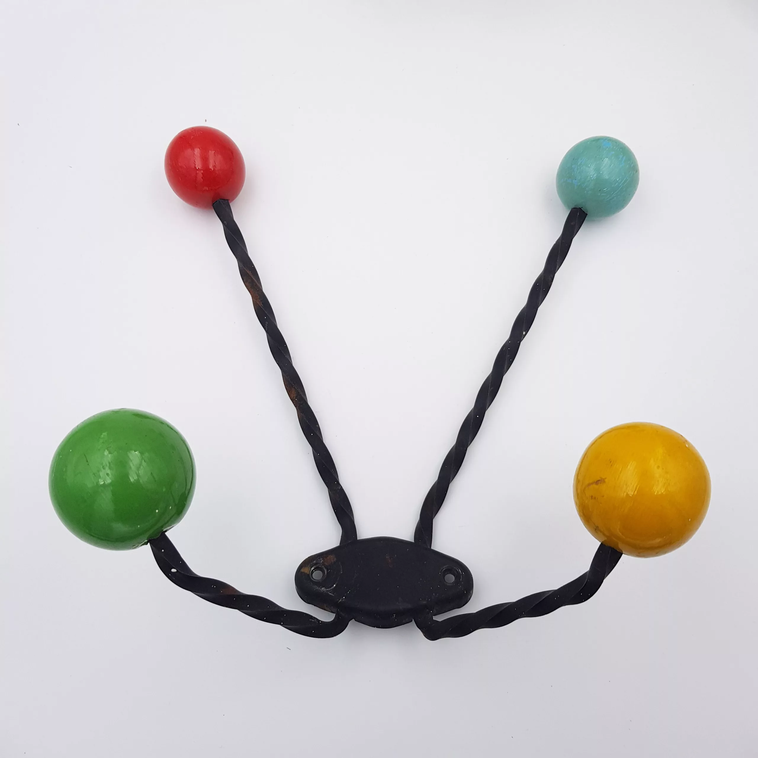 Pair of vintage coat racks twisted metal colored wooden balls