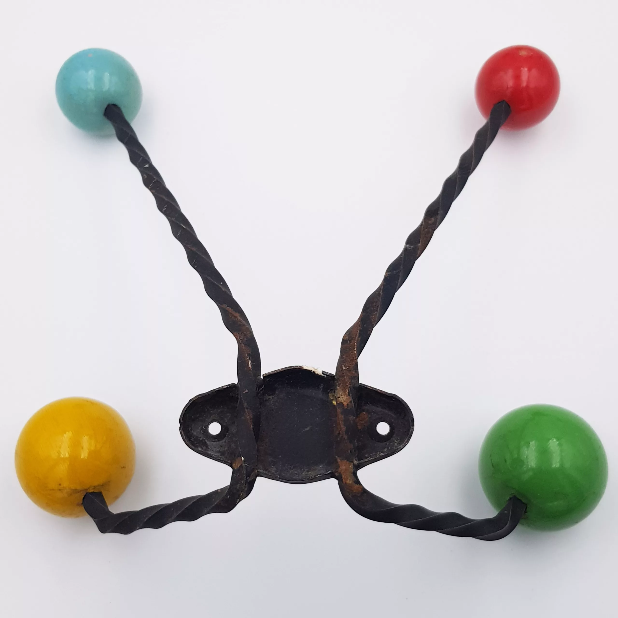 Pair of vintage coat racks twisted metal colored wooden balls