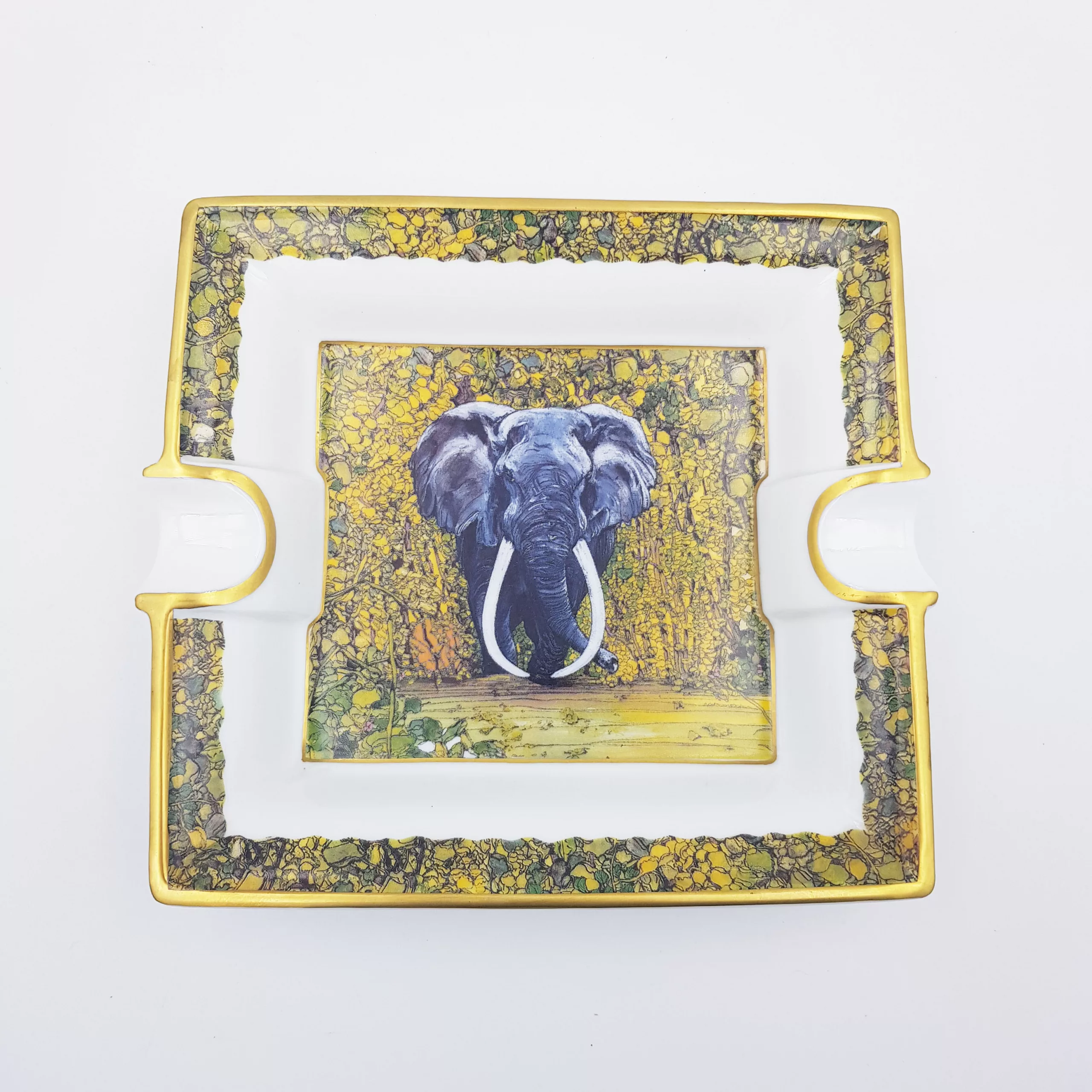Luxury rectangular ashtray trinket tray elephant decor Raynaud Limoges porcelain