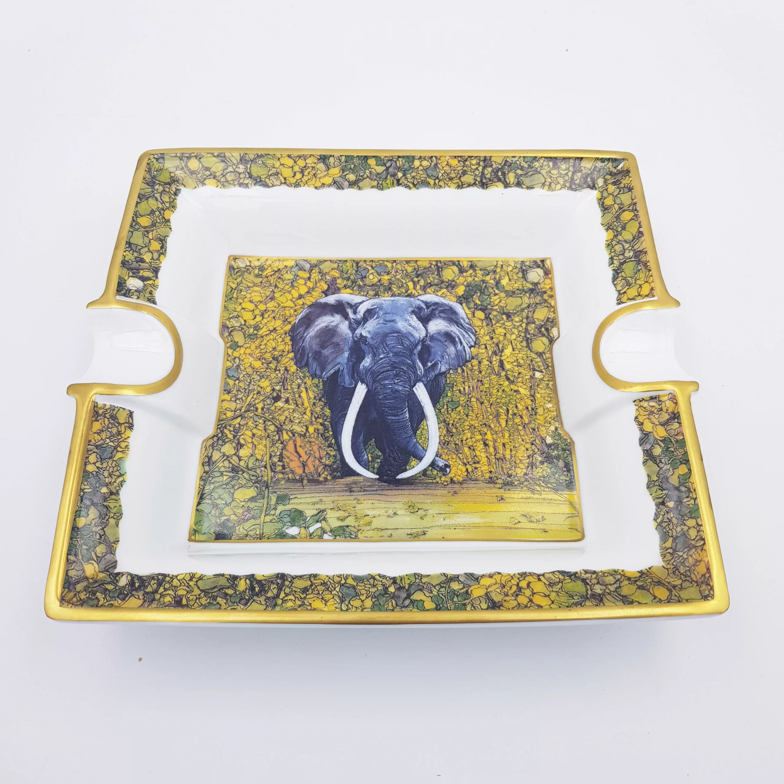 Luxury rectangular ashtray trinket tray elephant decor Raynaud Limoges porcelain