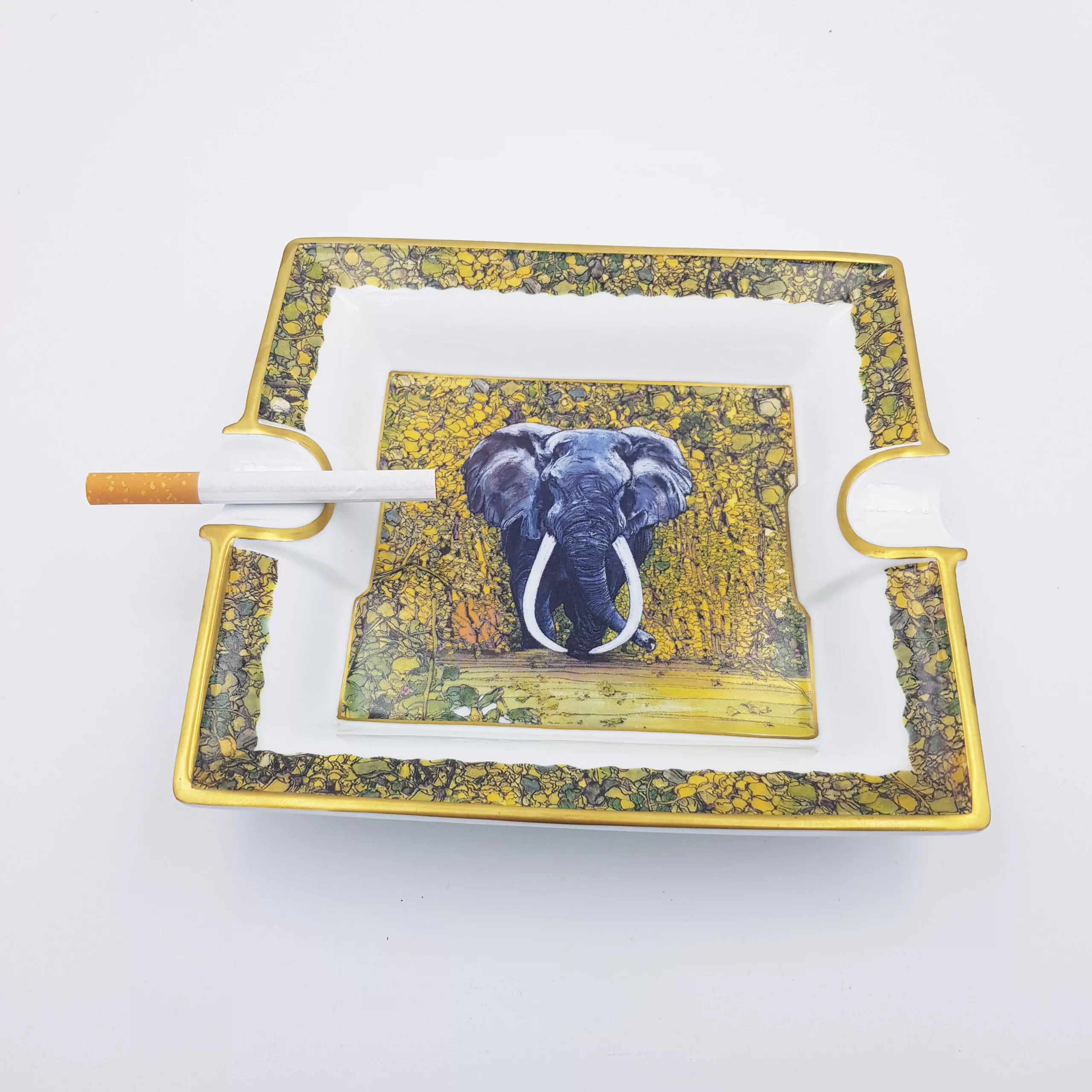 Luxury rectangular ashtray trinket tray elephant decor Raynaud Limoges porcelain