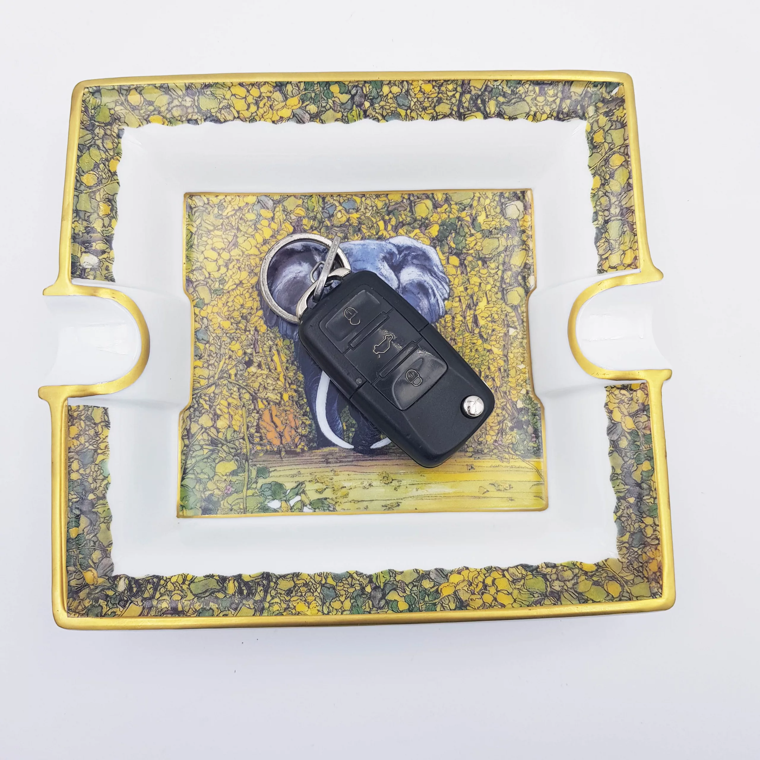 Luxury rectangular ashtray trinket tray elephant decor Raynaud Limoges porcelain