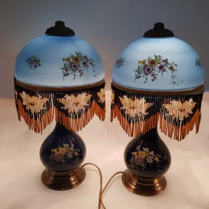 Pair of antique table lamps blue glass dome